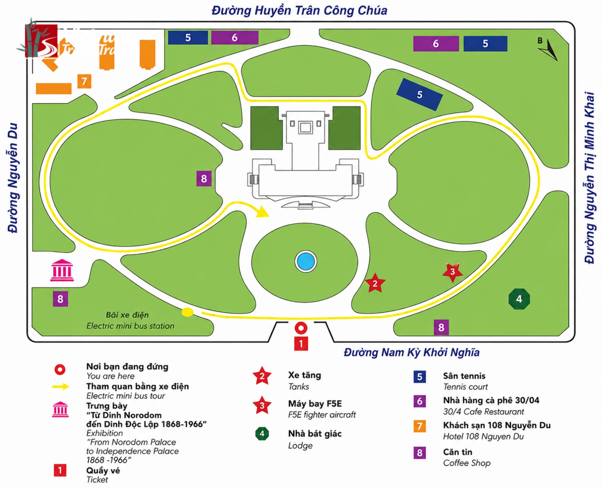 Visitor map of the Independence Palace complex showing the main building, gardens, tennis courts, cafes, exhibition hall and ticket booth