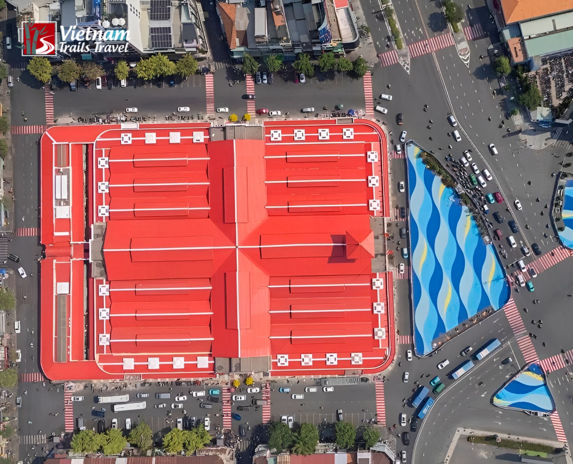 Aerial view showing where Ben Thanh Market is located in District 1 Ho Chi Minh City