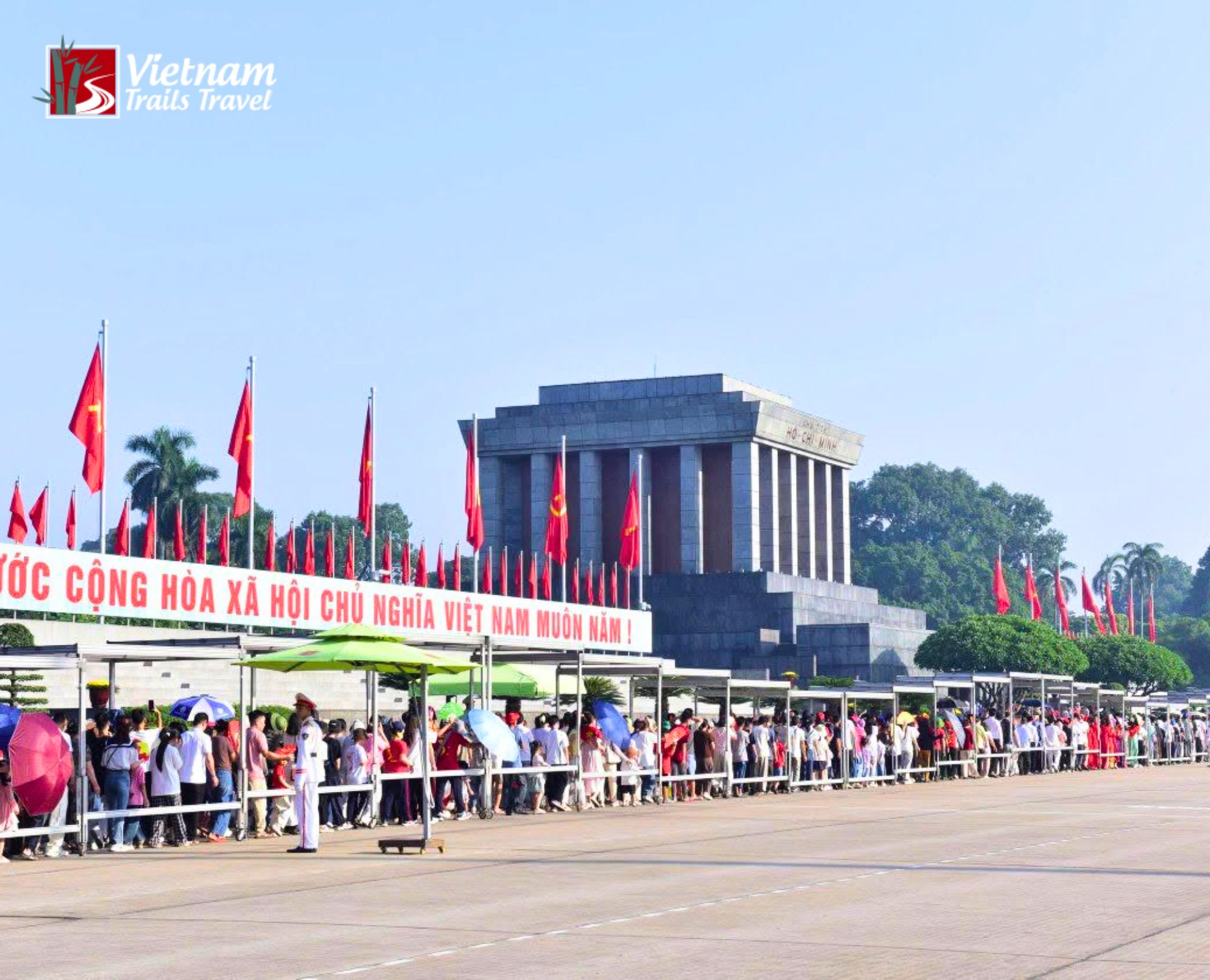 Crowds queueing during Ho Chi Minh Mausoleum opening hours to visit the historic site in Hanoi