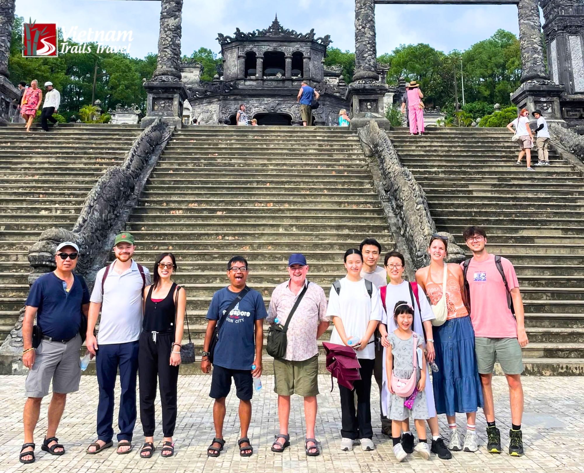 Happy tourists experiencing Hue cultural highlights on Chan May port day trip
