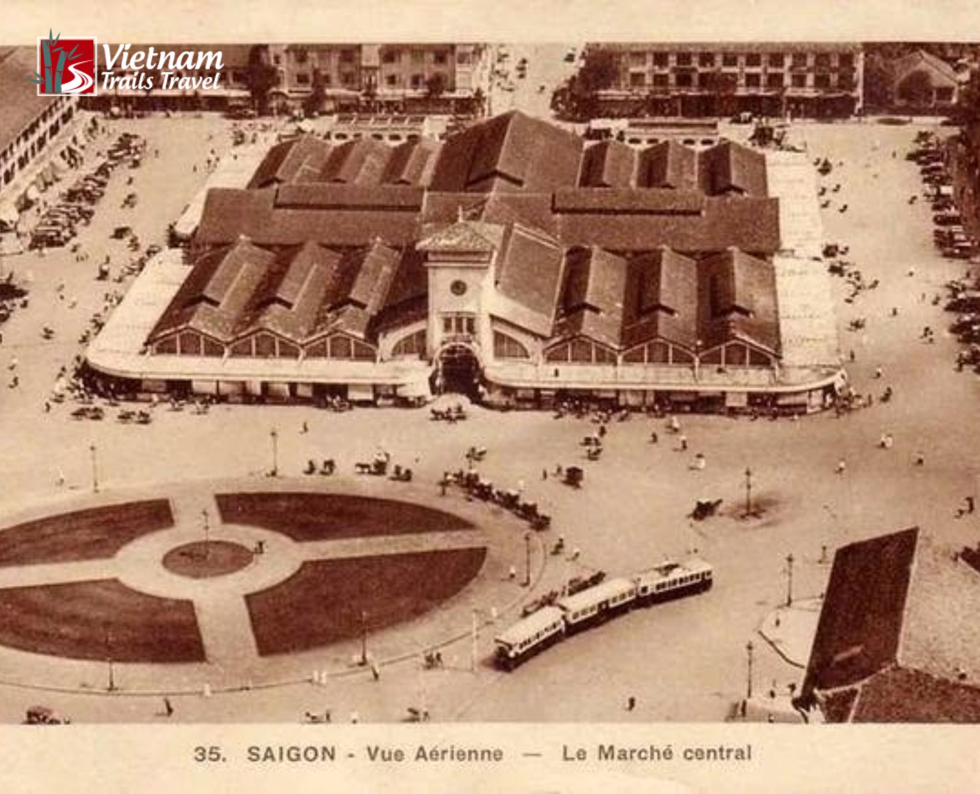 Historical postcard view of Ben Thanh Market and surrounding old streets