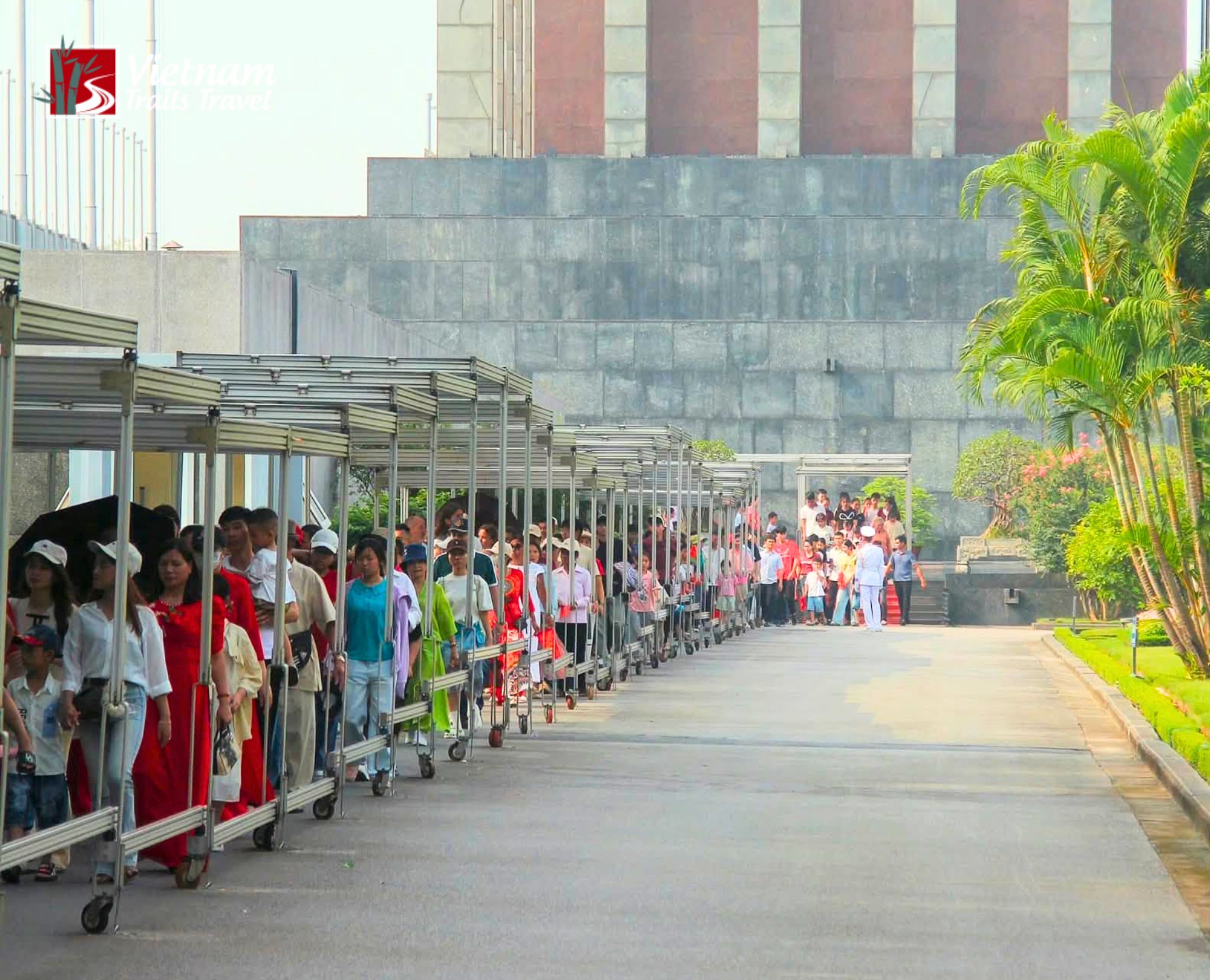 Ho Chi Minh Mausoleum entrance security and the queue highlighting the visitor check in process