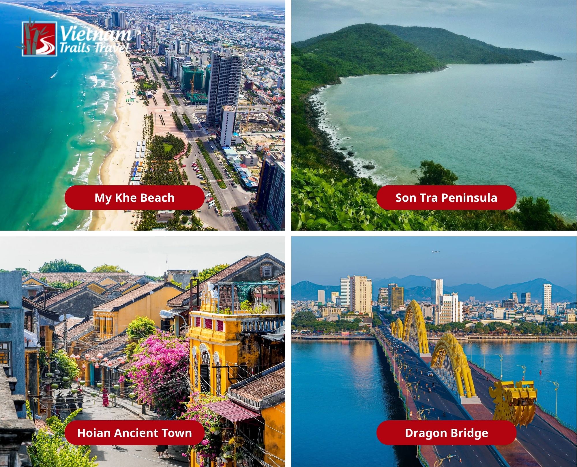 Must-visit tourist spots near the Marble Mountains including Hoi An, Dragon Bridge, Son Tra, and My Khe Beach