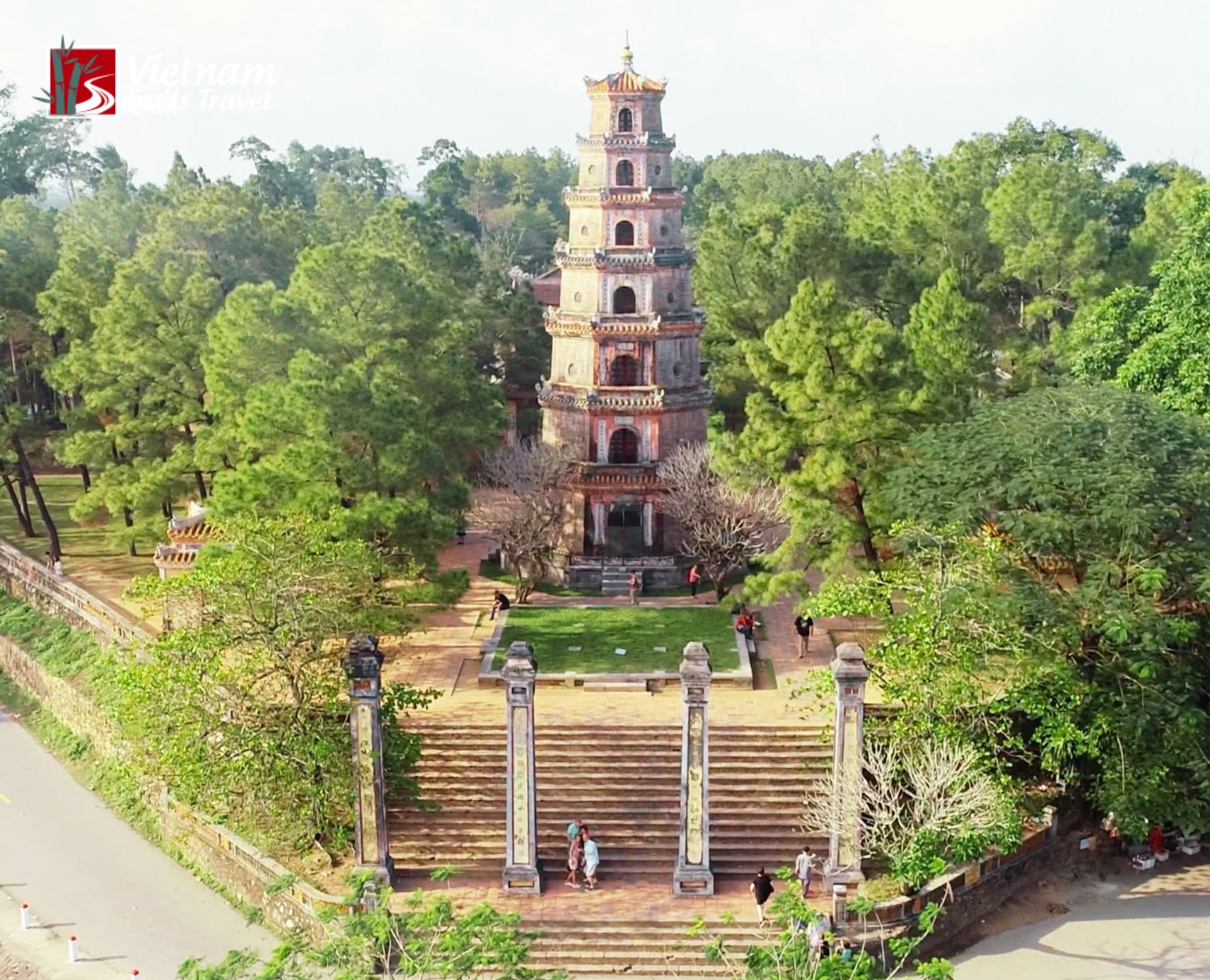 Scenic overhead view of ancient Thien Mu Pagoda architecture in Hue city