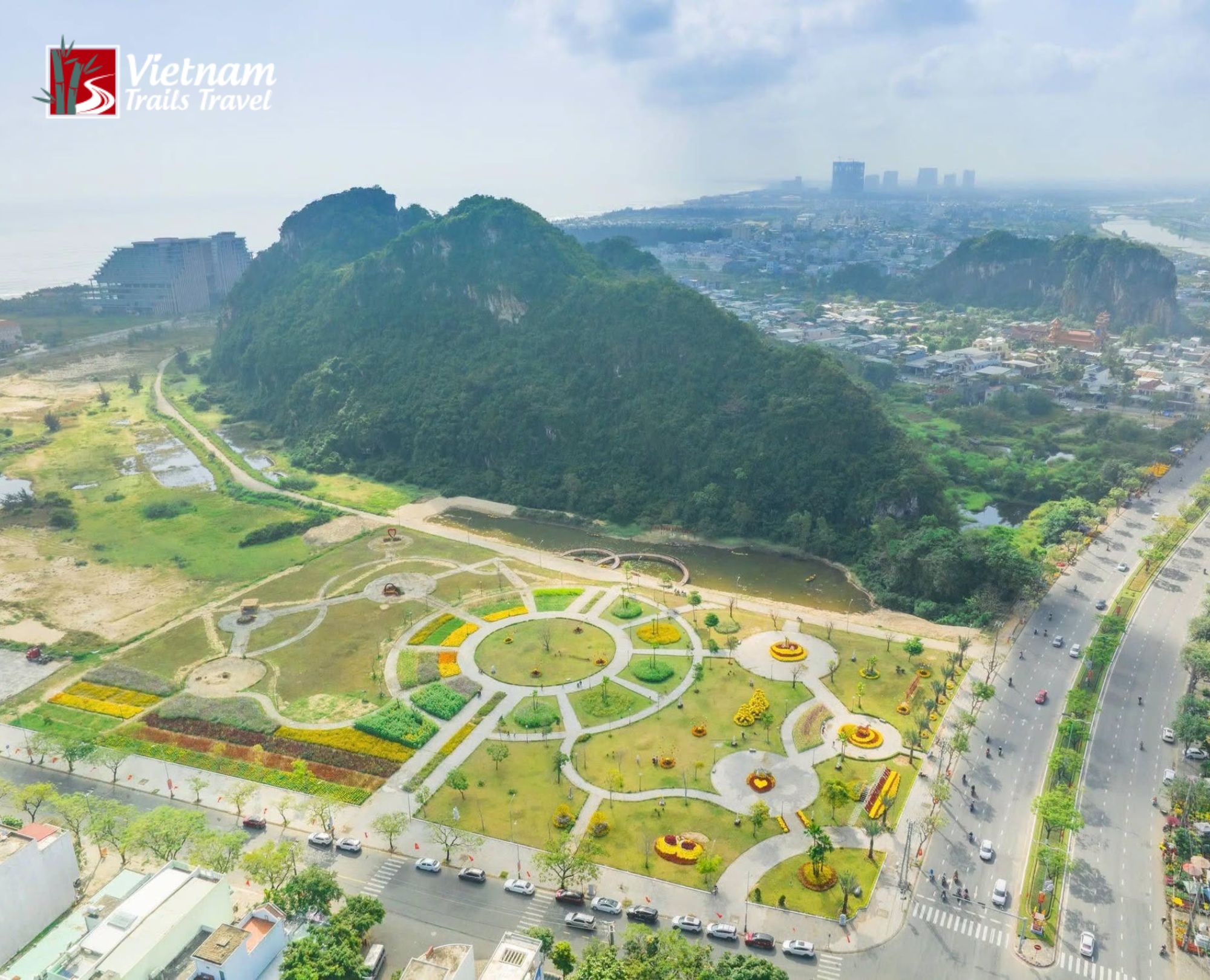Scenic overview of the Marble Mountains (Ngũ Hành Sơn) showing its limestone peaks amidst greenery in Da Nang