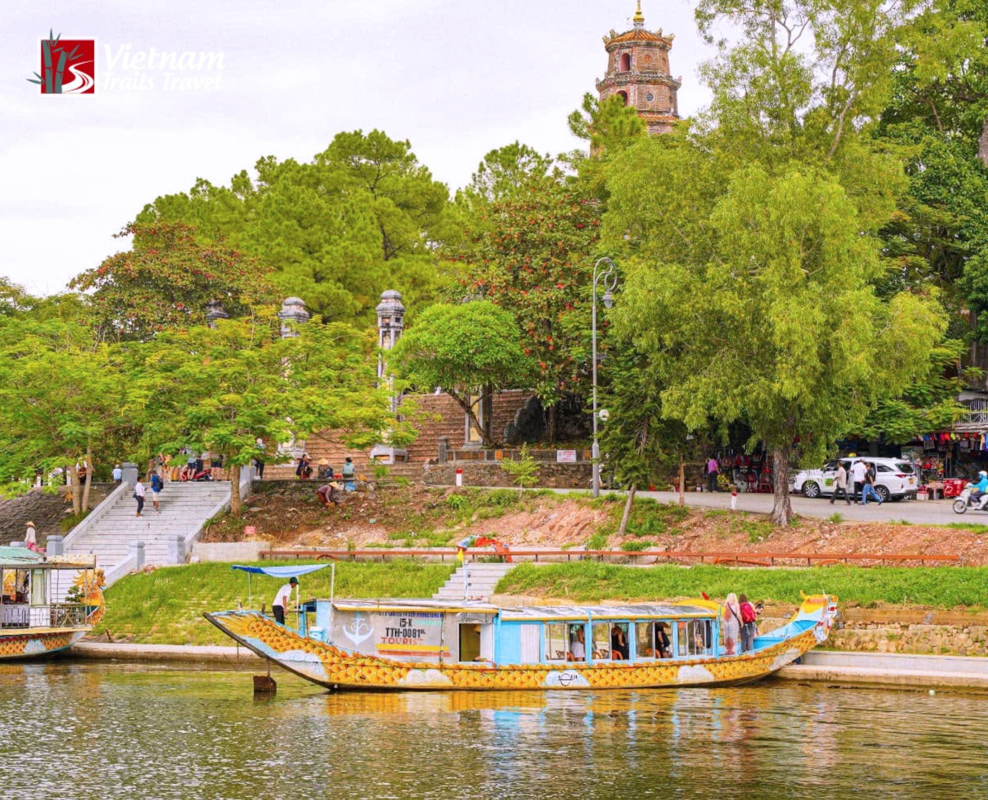 Scenic view of tourist dragon boat cruising on the Perfume River