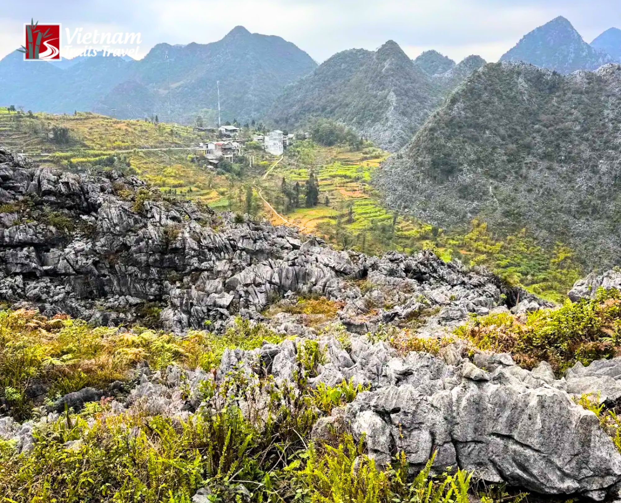 Scenic view of majestic stone mountains and wild nature in Dong Van