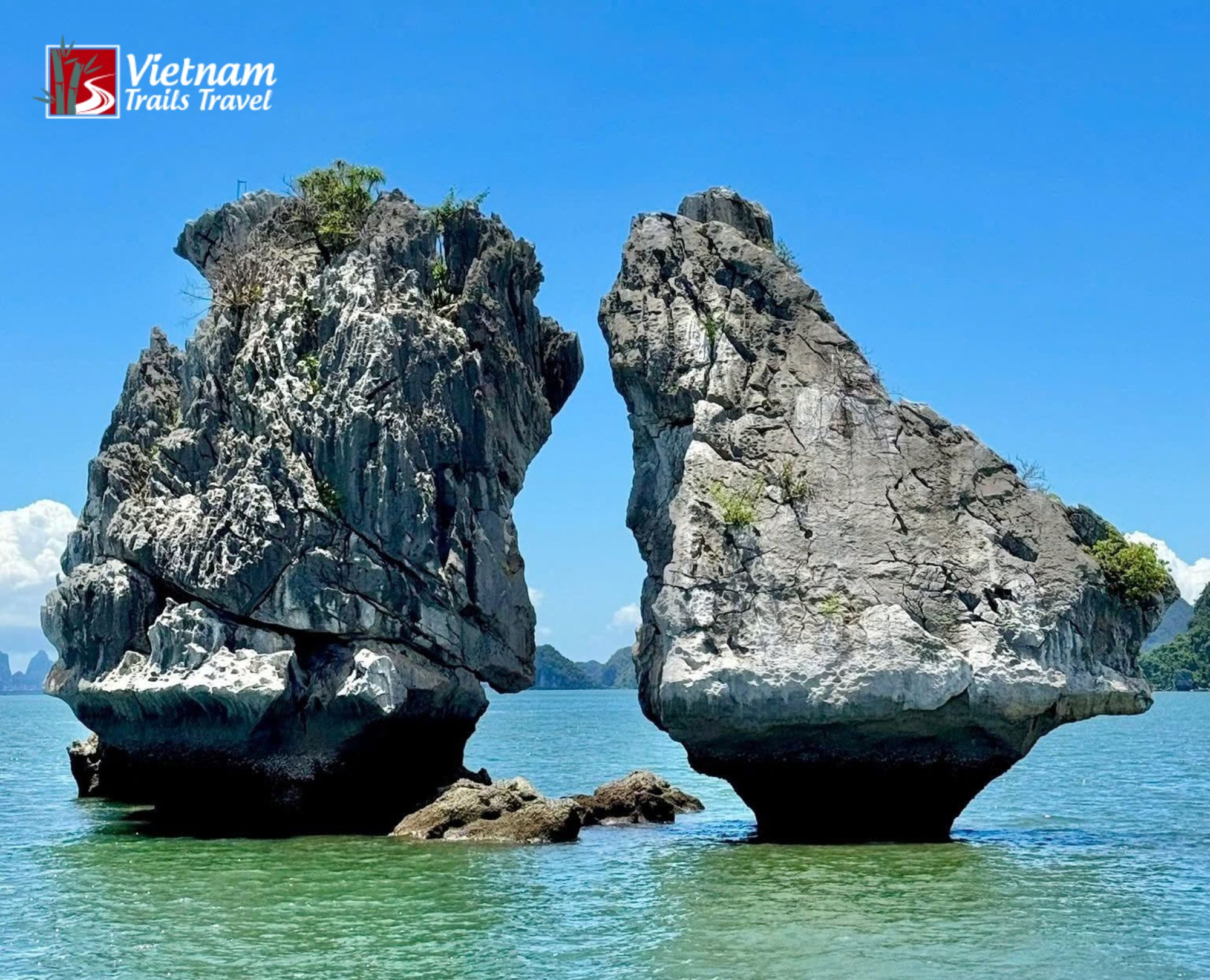 Two limestone rocks shaped like kissing chickens at Fighting Cock Islet